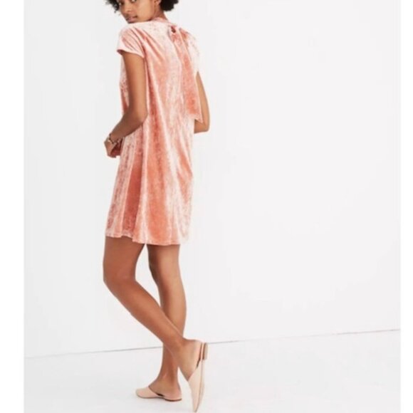 Madewell Blush Pink Crushed Velvet Dress Tie Back Short Sleeve Mock Neck Size L - Picture 3 of 13